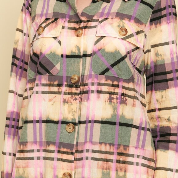MYSTREE Plaid Button Down Shirt, Multicolor Pink Purple Green Oversized Shirt - Picture 7 of 7
